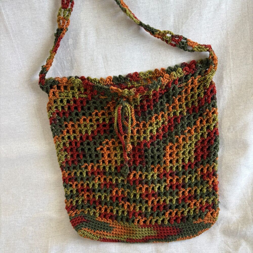 Handmade Crochet Shoulder Bag Rust Olive Green Boho Drawstring